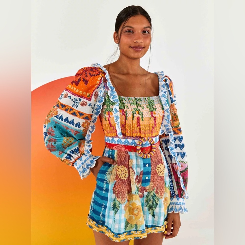 Farm Rio Summer Vibe Colorful Romper with Beaded Belt Size Small
